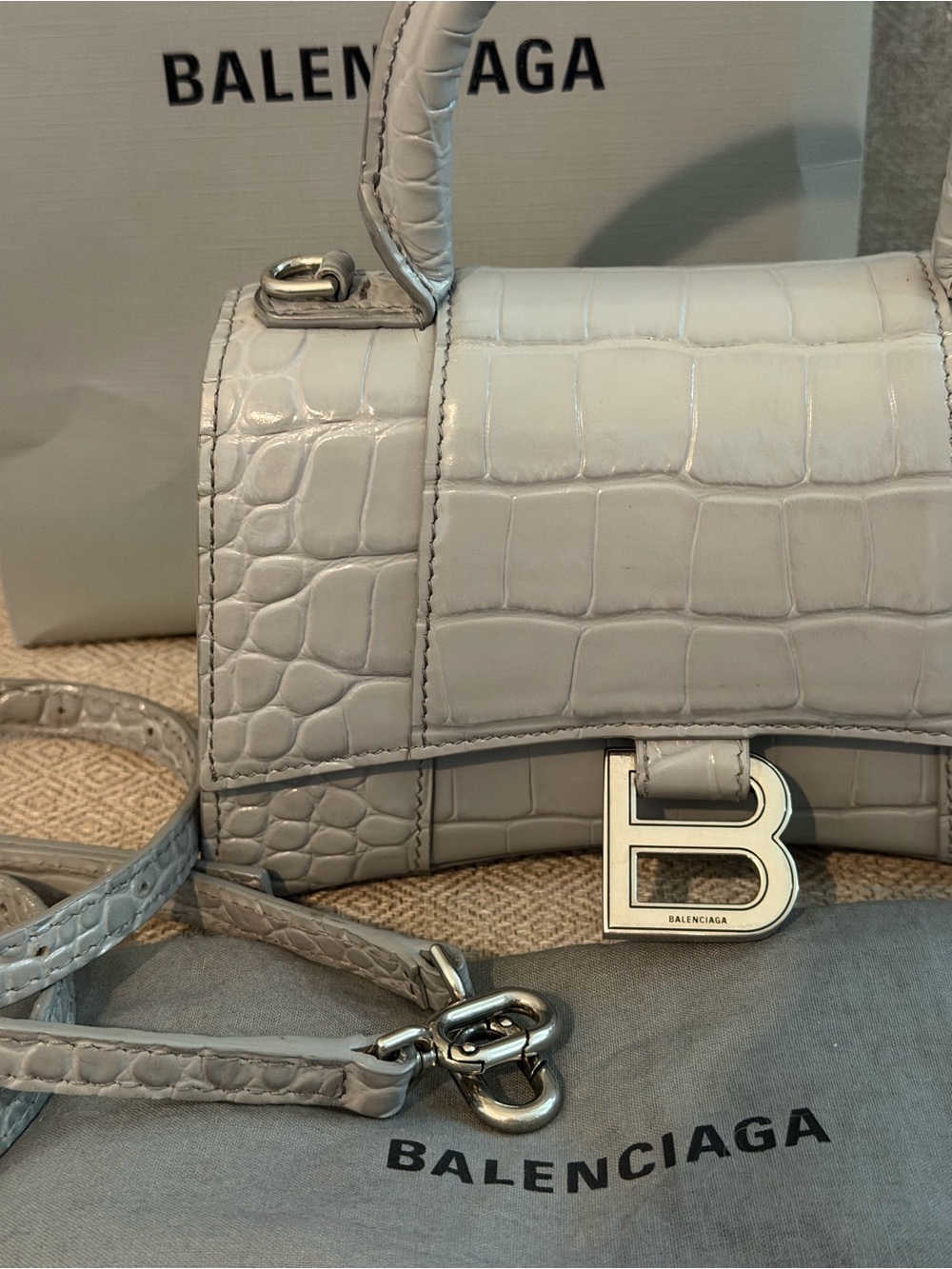 Balenciaga Grey Croc-Embossed Hourglass Top Handle Bag XS
